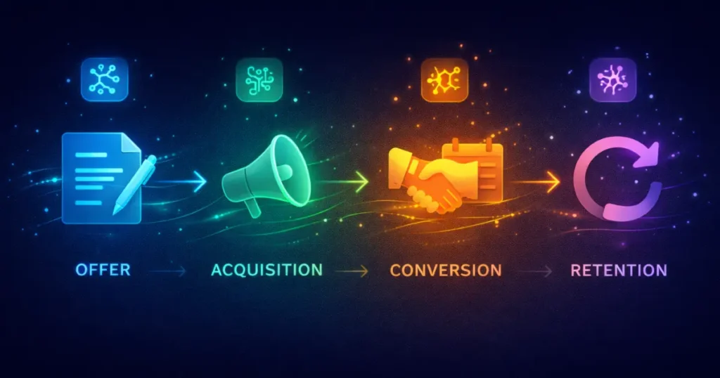 Five AI tool icons arranged in a workflow map for a new coaching business