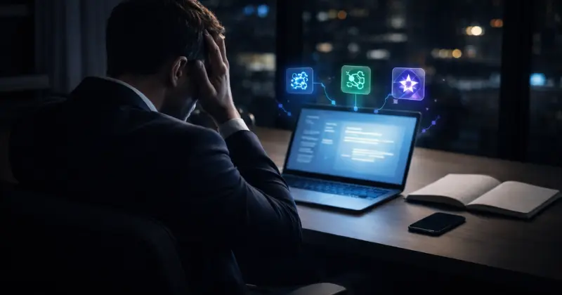 A cracked gear with an AI chip at the center, representing AI tools failing without a supporting system